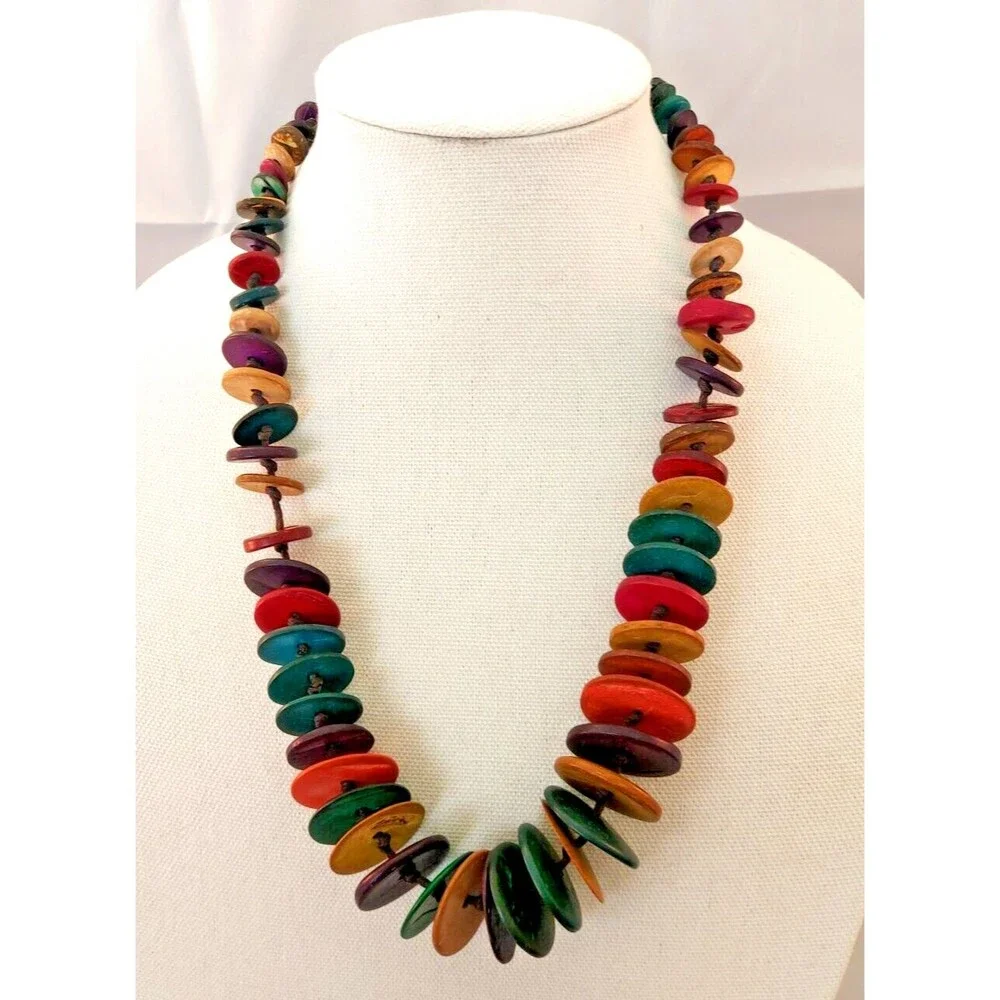 Ethnic Necklace Colorful Wood Disc Chunky Beaded 24 Inch Boho Costume Vintage